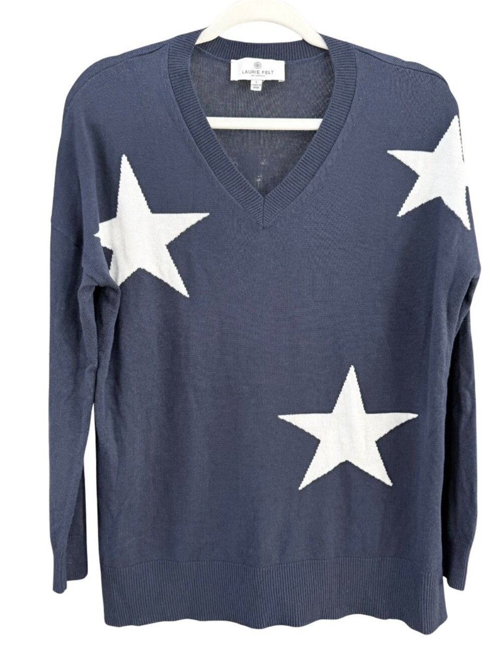 Laurie Felt Cashmere Blend Star V-Neck Tunic Sweater Blue Small